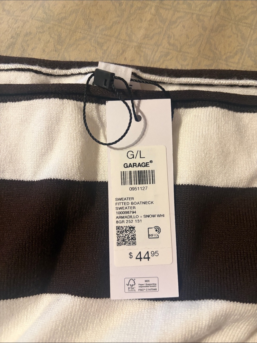 Garage Fitted Boatneck Sweater - Brown & White Stripes, Size G/L